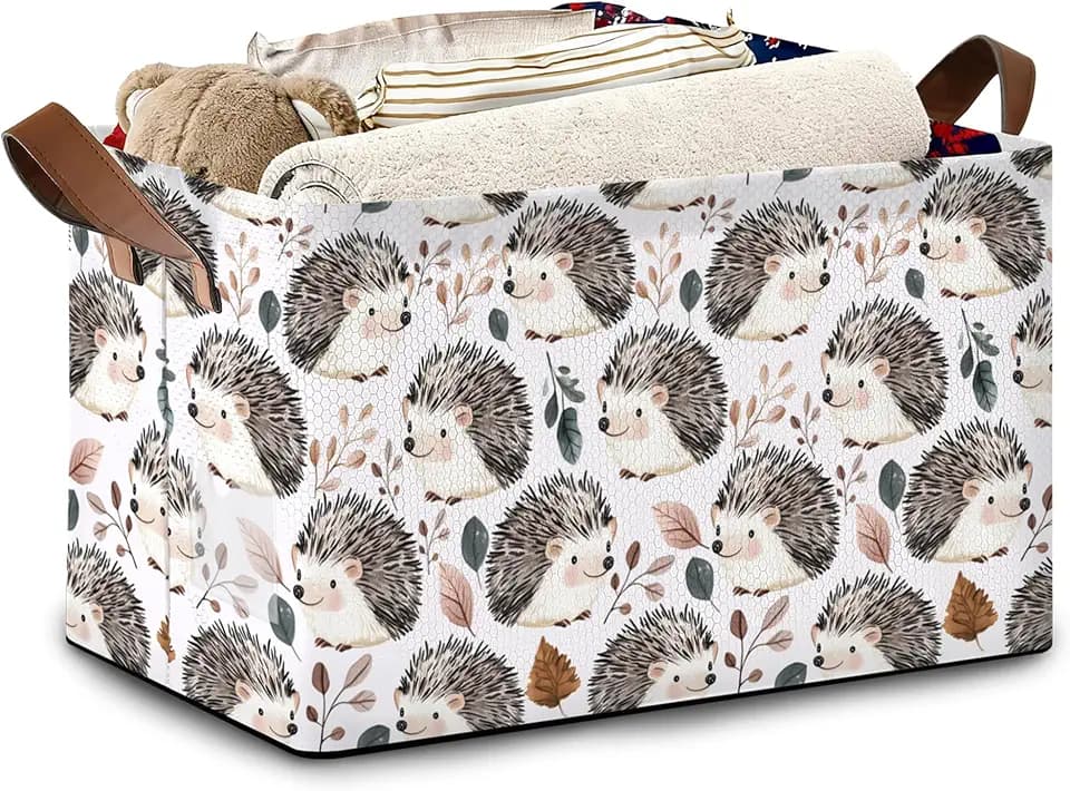 Cute Hedgehog Storage Basket,Leaf Collapsible Storage Bin Cubes for Living Room Bedroom Blankets Home Storage 17x11.5x10Inch