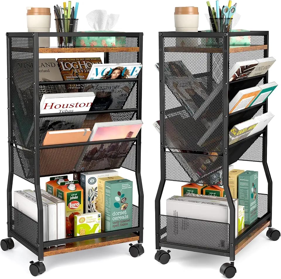 8 Tier Rolling Book Cart with Wheels, Mobile Book Storage Cart with 2 Sides Access Bookcase for Narrow Space, Rolling File Organizers and Storage for Home Office Living Room Classroom School