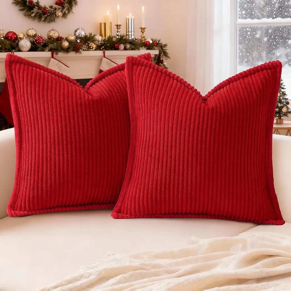Mecatny Corduroy Throw Pillow Covers 18x18 Set of 2 Christmas Red