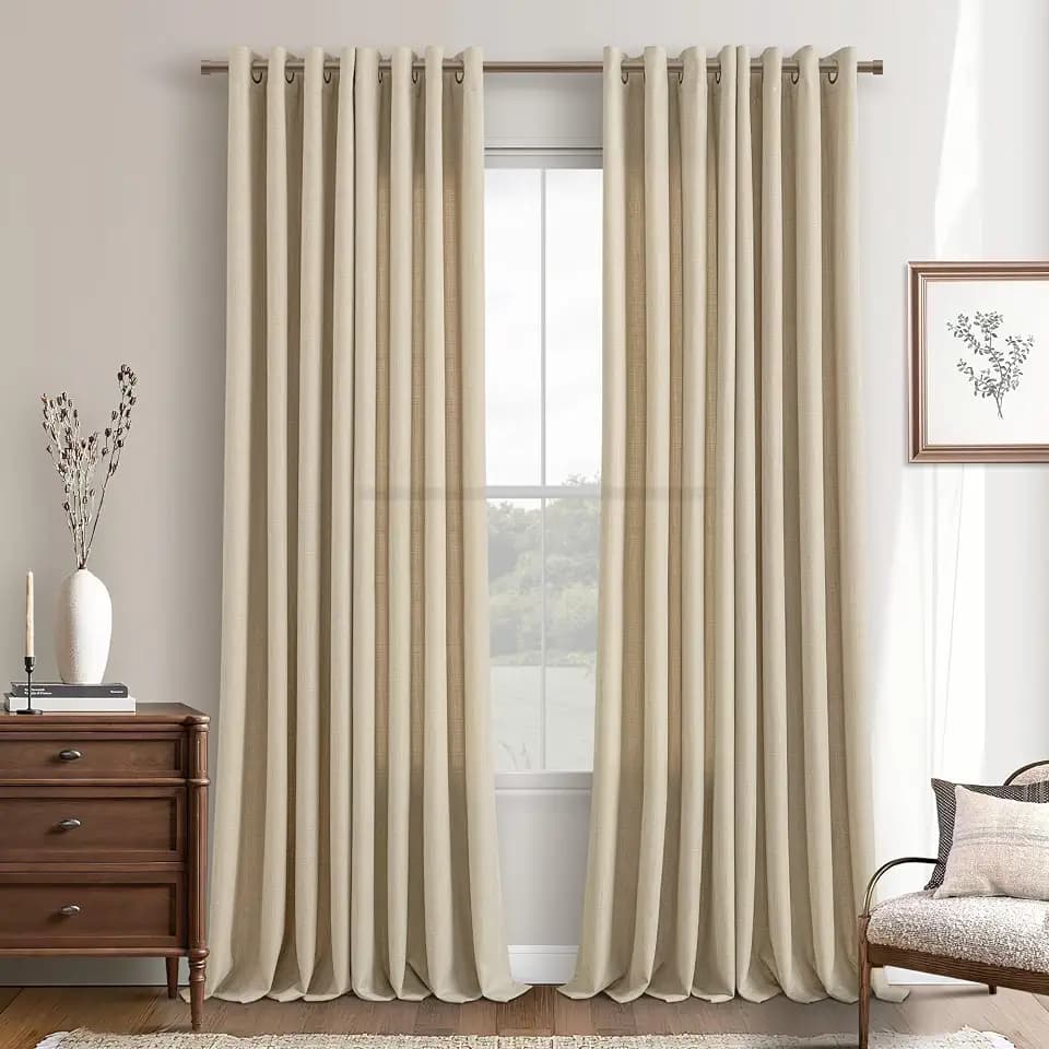 Sand Beige Flax Linen Semi Sheer Curtains 102 Inches Length Long Grommet