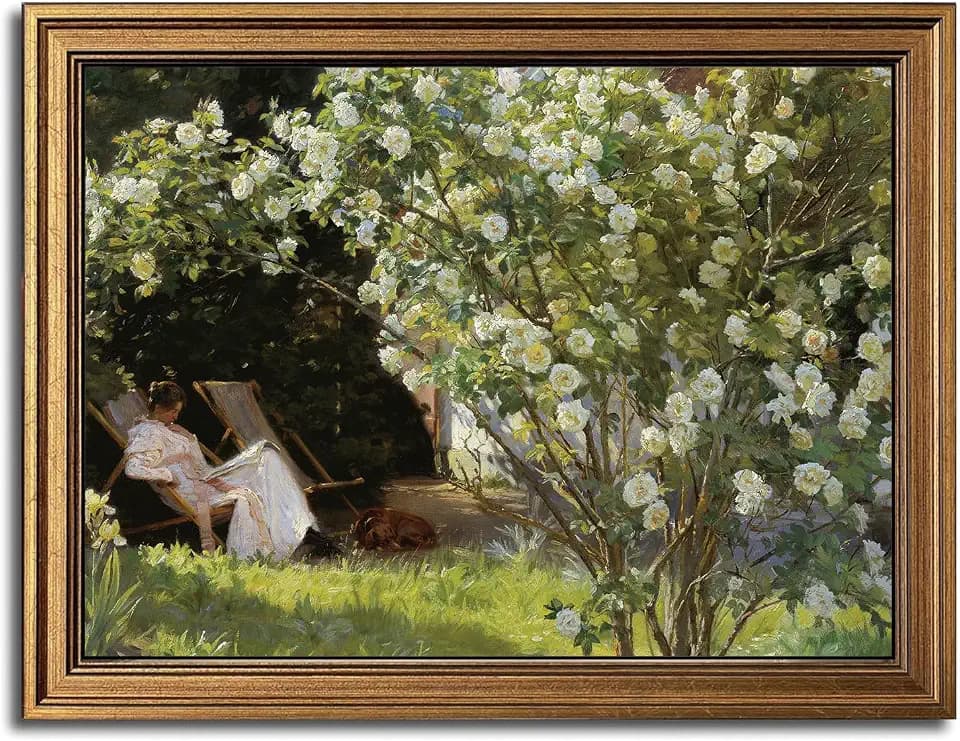 French Country Garden Woman Vintage Gold Framed Wall Art 12x16 inch