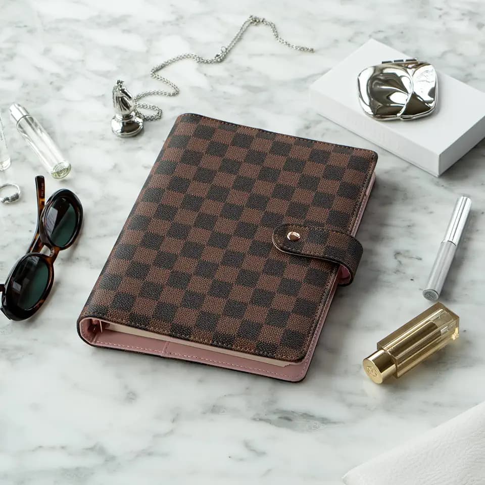 DAILY RITMO™ PU Checkered Leather A5 Six Ring Binder Planner Cover with 160 Pages of Daily To Do List 5.5" x8" | 6 Rings Updated Refillable Half Size Notebook Journal Photocard Budget Agenda