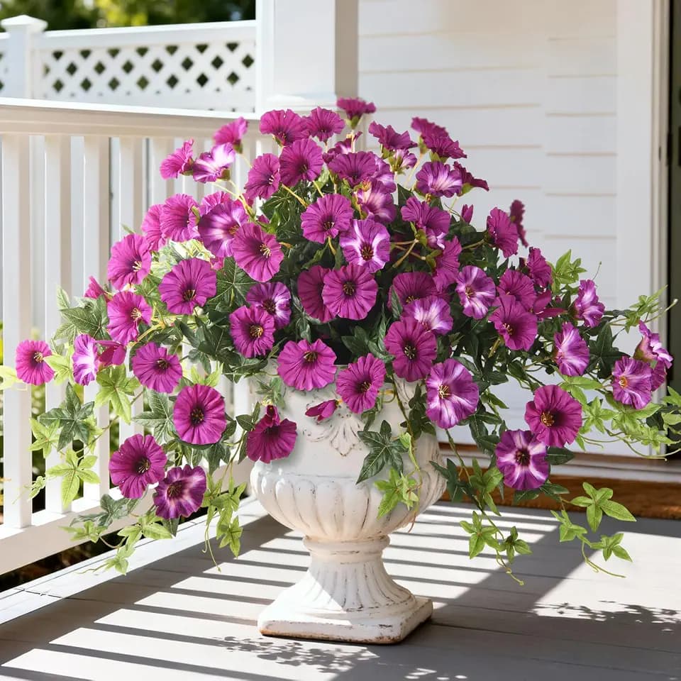 Artificial Fake Flowers Hanging Plants for Outdoor Spring Summer Decoration, 2Pcs Faux Petunias Realistic Silk Flower UV Resistant No Fade for Home Outside Garden Balcony Yard Porch Indoor (Fuchsia)
