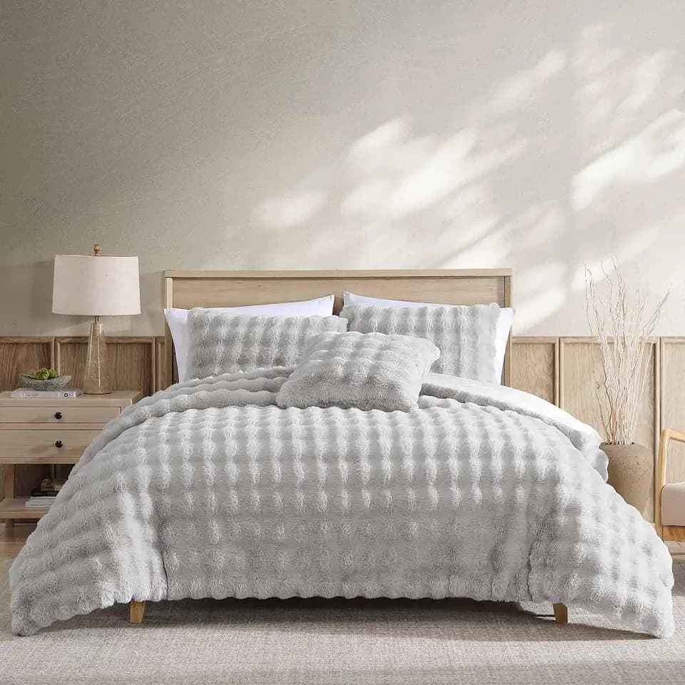 Riverbrook Home Wavy Faux Fur Comforter Bedding Set, Twin XL Size, Textured Decorative Décor, Gray, 3 Pieces