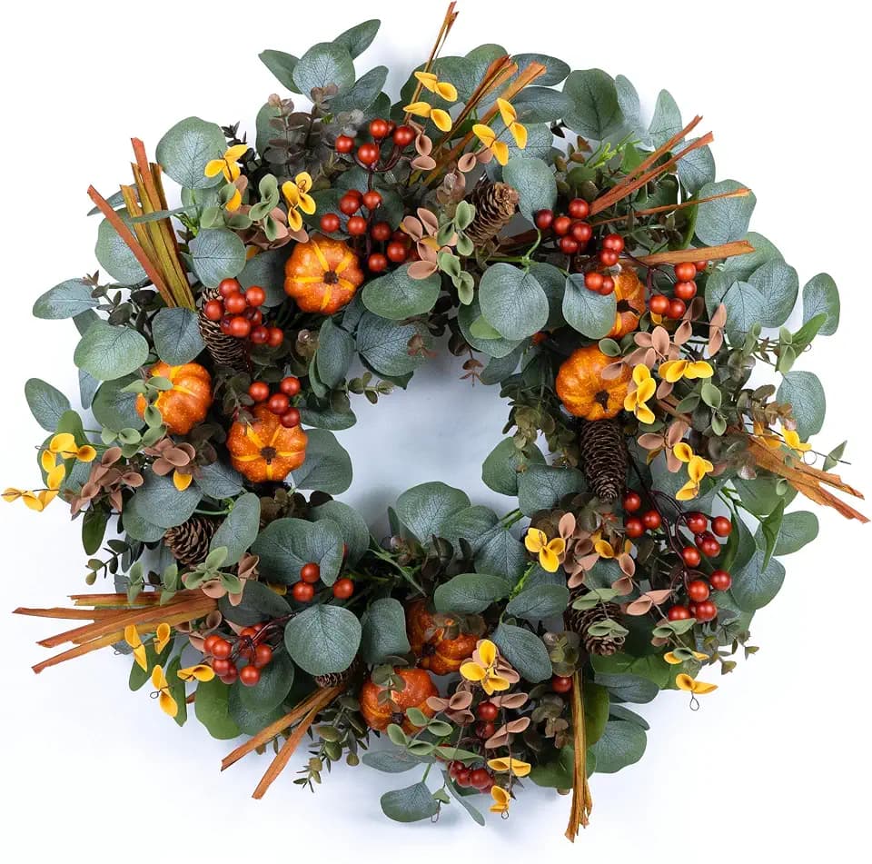 24" Eucalyptus Fall Wreath with Pumpkin Foliage for Farmhouse Autumn Door