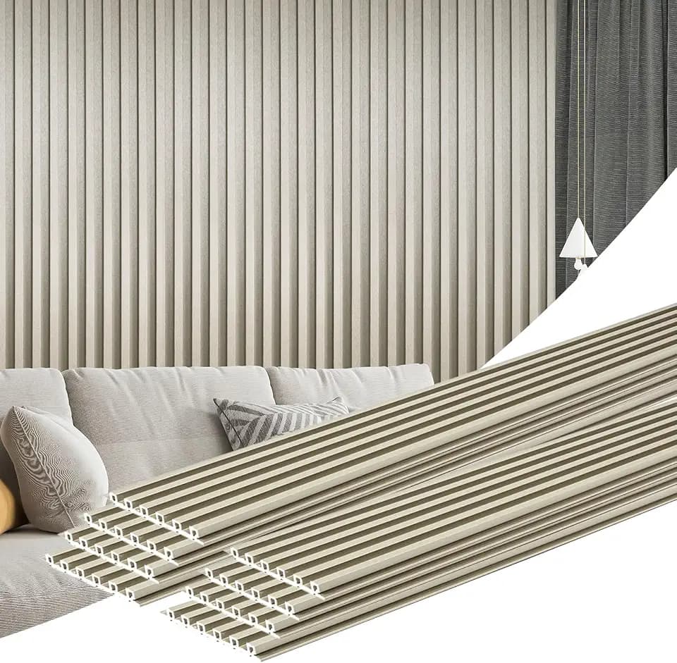 Art3d 8 Pack WPC Wainscoting Panels, 104" x 6.7" Slat Wall Paneling, Glossy Metal Finish 3D Wall Panels for Interior Wall Decor, Living Room, Bedroom - Elegant Champagne