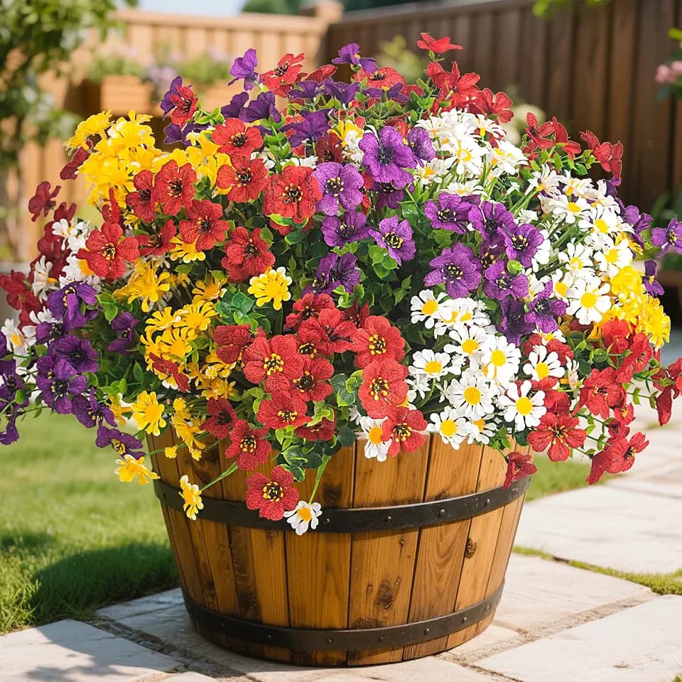 AITISOR Outdoor Artificial Flowers, 16 Bundles UV Resistant Realistic Faux Plastic Plants with Colorful Daisies for Porch, Patio, Yard, Garden, Spring Home Decor (Window Box & Planters)