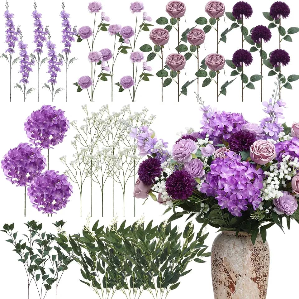 Suncalla 36 Pcs Purple Artificial Flowers Bouquet Set 8 Kind with Long Stem