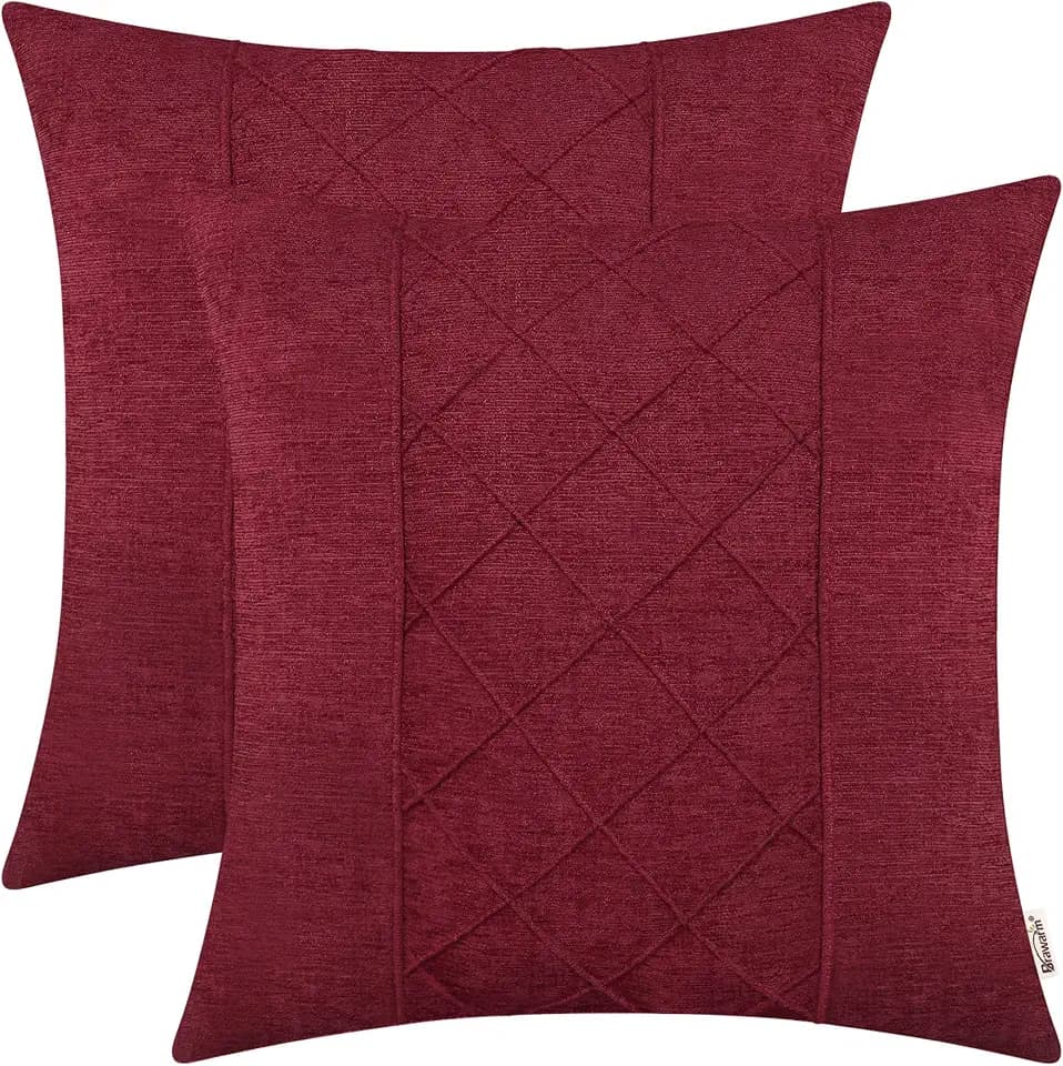 BRAWARM Chenille Throw Pillow Covers 20x20 Inches, Burgundy, 2 Pack