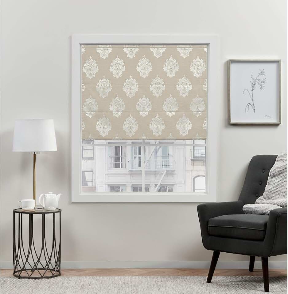 EXCLUSIVE HOME Marseilles Damask 100% Blackout Roman Shade, 31"x64", Natural