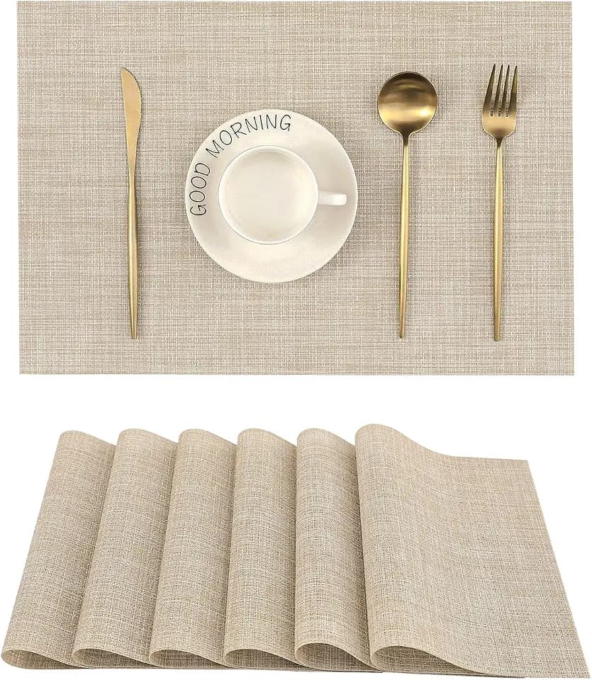 Beige Placemats Set of 6 - Heat-Resistant, Non-Slip Table Mats, Washable Woven Vinyl for Indoor & Outdoor Dining