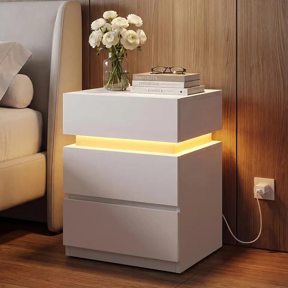 VASAGLE LED Nightstand with Charging Station, 3 Drawers