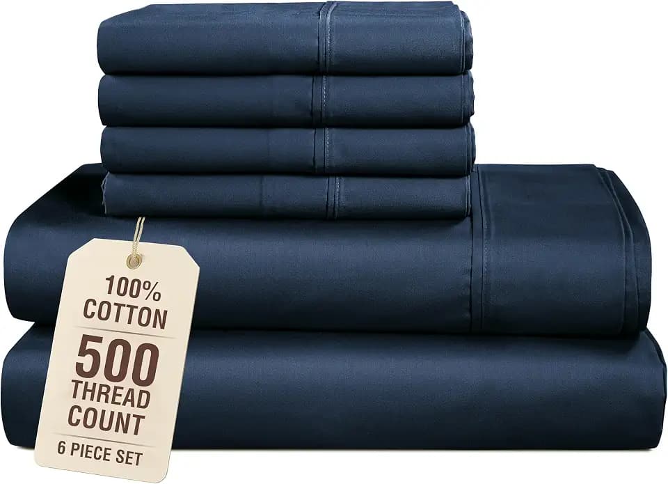 Casa Platino 100% Cotton Cal King Size Sheets, 6 Piece Bed Set with 500 Thread Count Silky Smooth Sateen, 15 Inch Deep Pocket Fitted Sheet for Sheets Cal King Bed Set, Ideal for Daily Use – Navy Blue