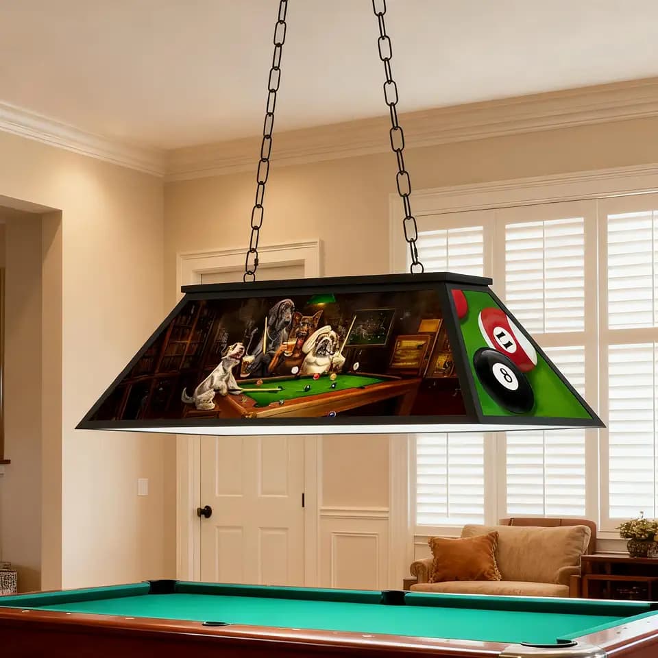 4-Light Tiffany Pool Table Lights Hanging Over Pool Table