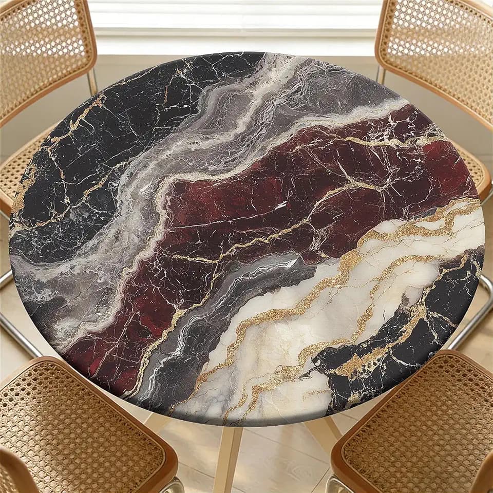 Round Tablecloth with Elastic Waterproof Table Cover for Up to 49"-52" Round Table, Oil Proof Circle Cover for Kitchen Dining Camping Picnic Party Holiday,Colorful Marble