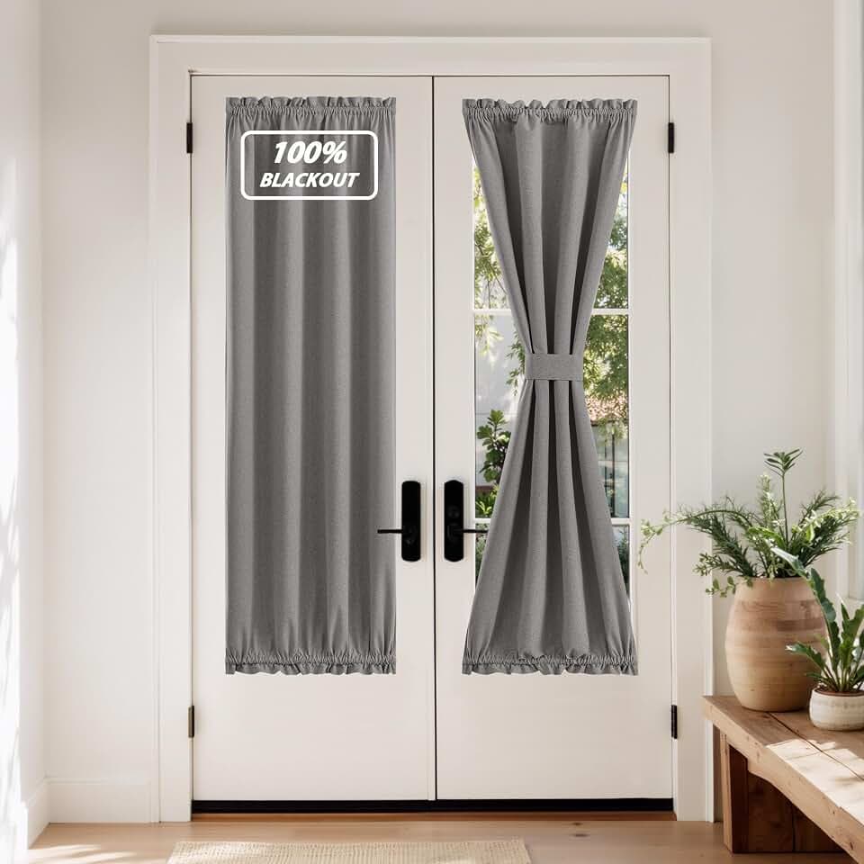 NICETOWN Dark Grey 100% Blackout Linen French Door Curtain for Front Door