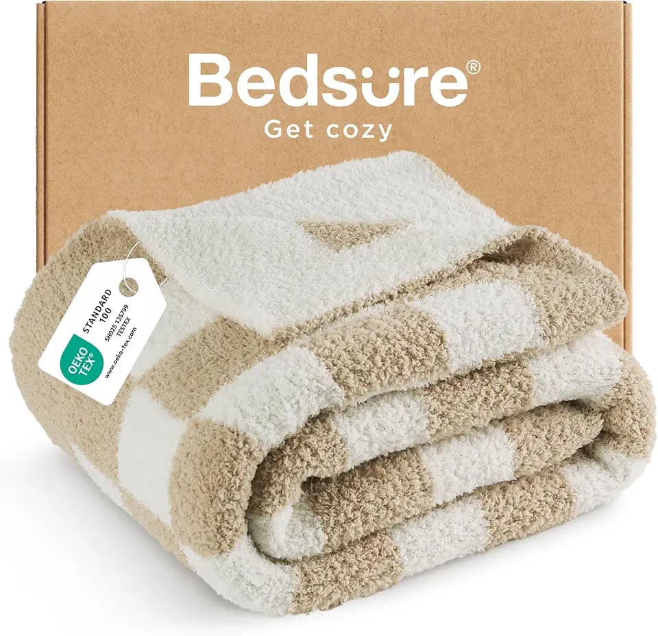 Bedsure Beige Fall Throw Blanket for Couch, Cozy Soft Checkered Blanket, Lightweight Warm Knit Fluffy Throw Blankets for Bed Sofa, Camping, Picnic, Travel, Gifts for Women Men, 50x60 Inches