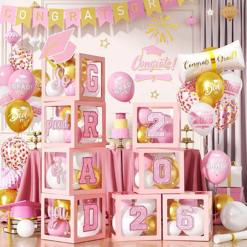 Graduation Decorations Class of 2026-Pink and Gold Graduation Party Decorations-Balloons Boxes with Letters 2026 GRAD So Proud of You & Grad Printed Balloons and Foil Balloon for Any Grades
