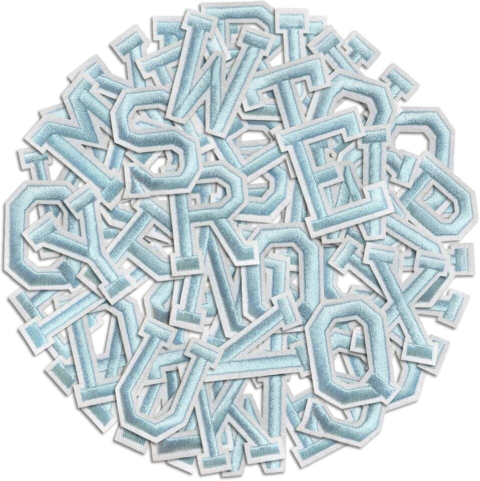 Letter Iron On Patches, A-Z Alphabet Embroidery Applique Patch, DIY Decorative Heat Press Name Patches for Clothing Jeans Jackets Backpacks Hats (Light Blue 104 Pcs)