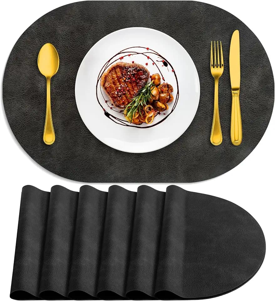ADRIMER Oval Placemats Set of 6, Wipeable Faux Leather, Dark Grey
