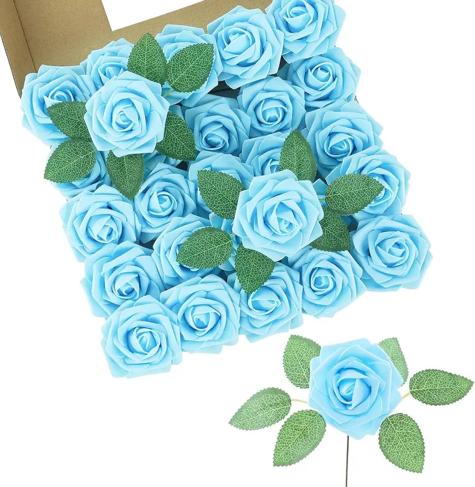 DuHouse 50Pcs Artificial Flowers Foam Roses with Stems(Sky Blue)