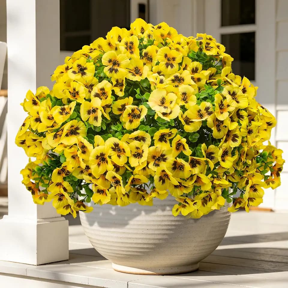AITISOR 16 Bundles Yellow Artificial Pansy Flowers UV Resistant Fake Silk Pansies for Outdoor Indoor Home Porch Patio Planter Window Box Decoration