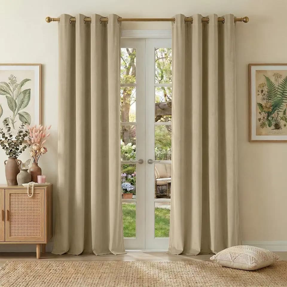 NICETOWN Beige Complete Blackout Velvet Curtains 96 inch Long 52 Wide 2 Panels, Sound Dampening Room Darkening Drapes for Nap Time Heat Blocking for Luxury Living Room