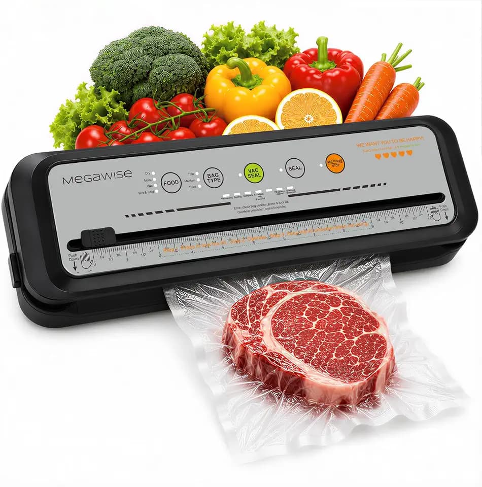 MegaWise Vacuum Sealer Machine, 80kPa Powerful Suction, One-Touch Automatic Food Sealer with Built-in Cutter & Bags Included, Dry Moist Modes for All Saving needs