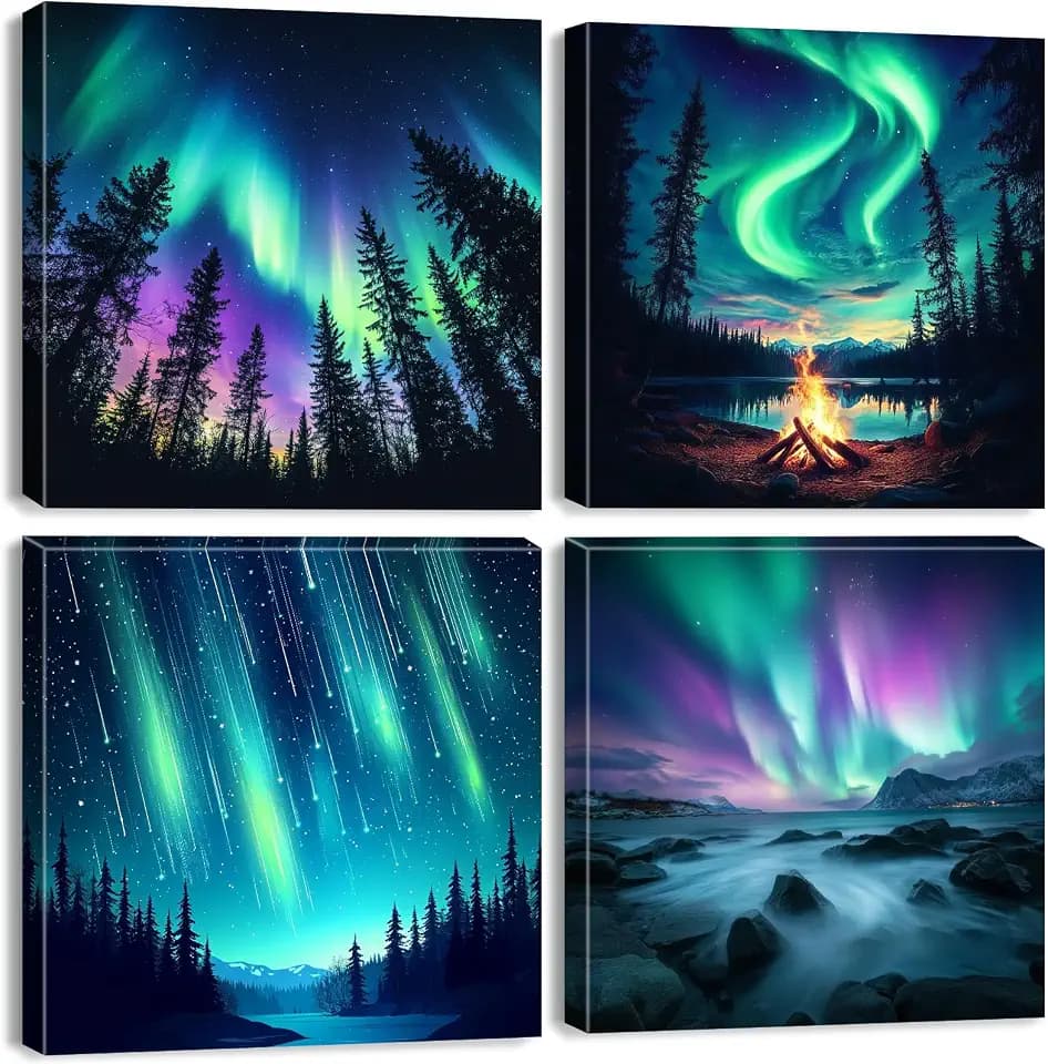Northern Lights Wall Art Aurora Mountain Scenery Pictures Wall Decor Colorful Forest Landscape Canvas Prints Paintings Nature Aurora Borealis Posters Farmhouse Artwork Living Room Decoration 12x12”