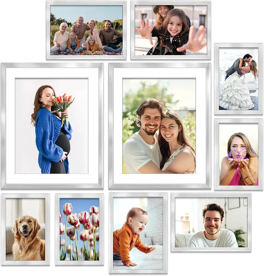 Silver Picture Frames Set, 10 PC, Four 4x6, Four 5x7, Two 8x10, Noble