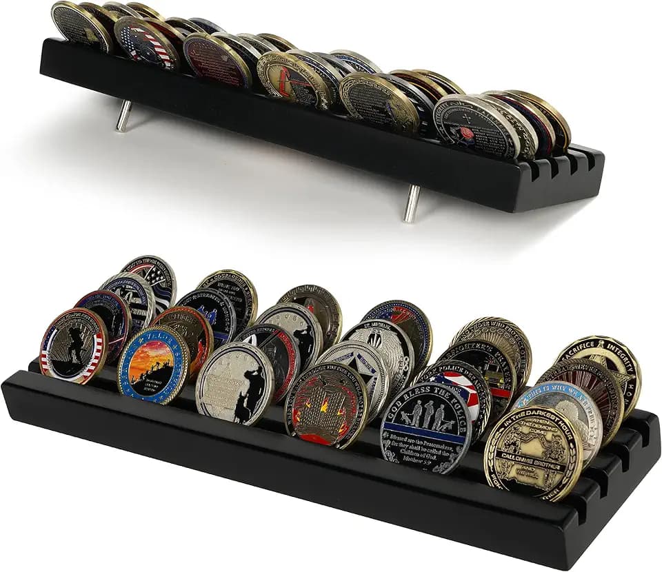 Challenge Coin Display Stand 4 Rows Wooden Military Coin Holder Rack Case Holds 30 Coins, Black Finish
