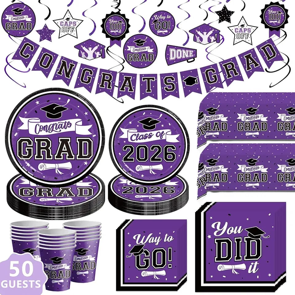DAZONGE Graduation Decorations Class of 2026 Purple, 265pcs Disposable 2026 Graduation Party Decorations Tableware Set, Grad Party Supplies for 50 Guests, Congrats Grad Banner and Hanging Swirls