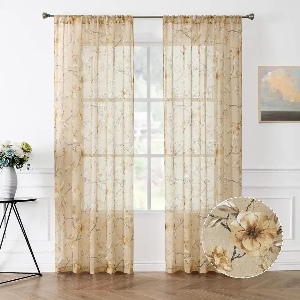 Tollpiz Sheer Curtains Beige Flower Leaf Printed Floral Embroidered Bedroom Curtain Sheers Rod Pocket Voile Faux Linen Window Curtains for Living Room, 54 x 84 inches Long, Set of 2 Panels