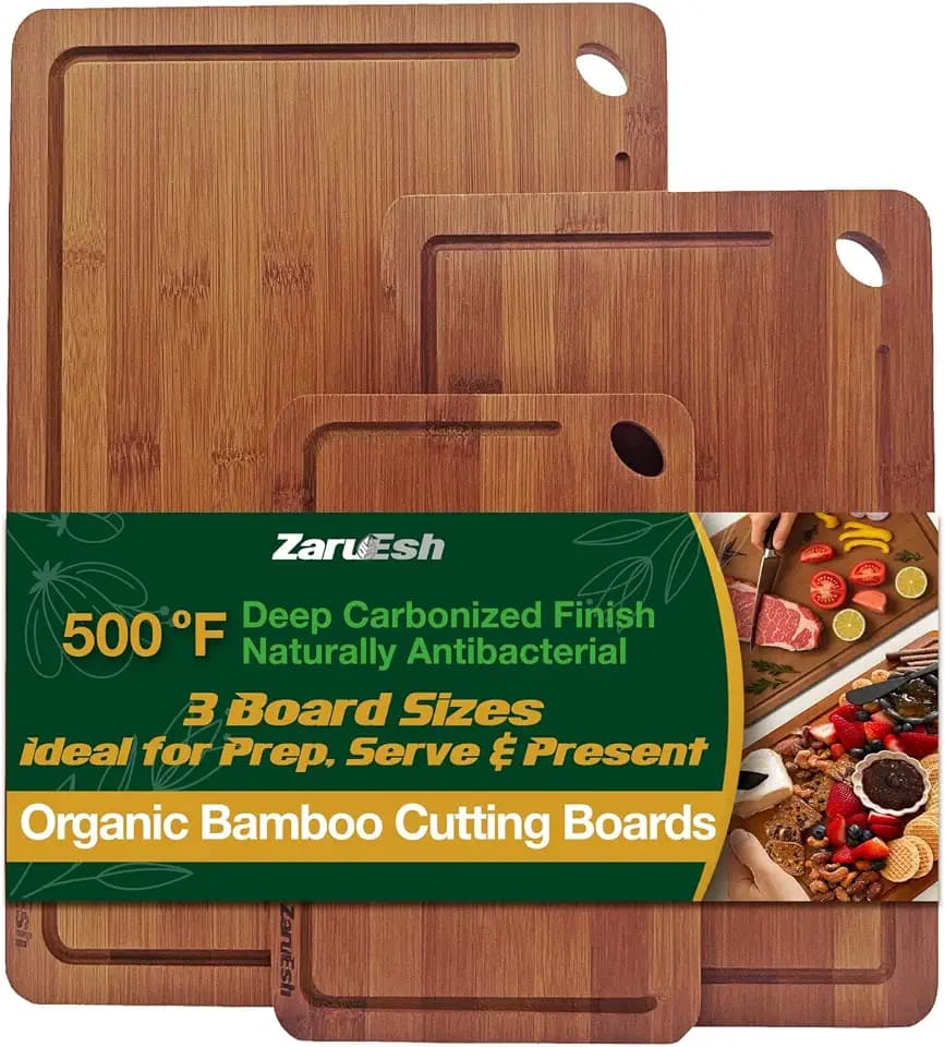 Bamboo Chopping Board, Durable Chopping Board Bamboo with Deep Juice Grooves & Built-in Handles - Carbonized Wooden Chopping Boards Ideal Charcuterie Double-Sided Serving Tray for Kitchen