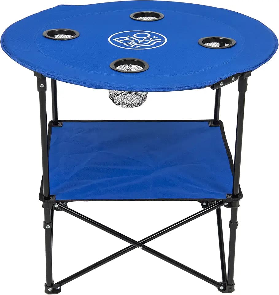 Rio Brands Camp & Go 28" Round Lightweight Fabric Portable Folding Beach Table with Cupholders, Blue