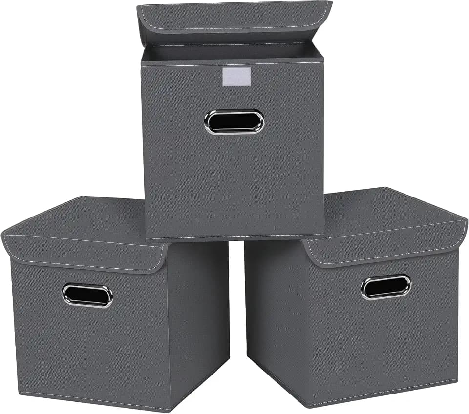 Closet Organizers Fabric Storage Bins With Lids Collapsible Cube Storages Organizer Basket With Handles,Storage Boxes for Clothes Storage,Office,Toys,3 Pack,(Grey