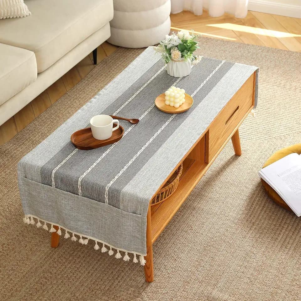 SIELUNO Coffee Table Cover, Rustic Farmhouse Rectangle Table Cloth Cotton Linen Waterproof with Pockets and Tassel for Living Room Decoration - Grey Stripes - 28x64 Inch