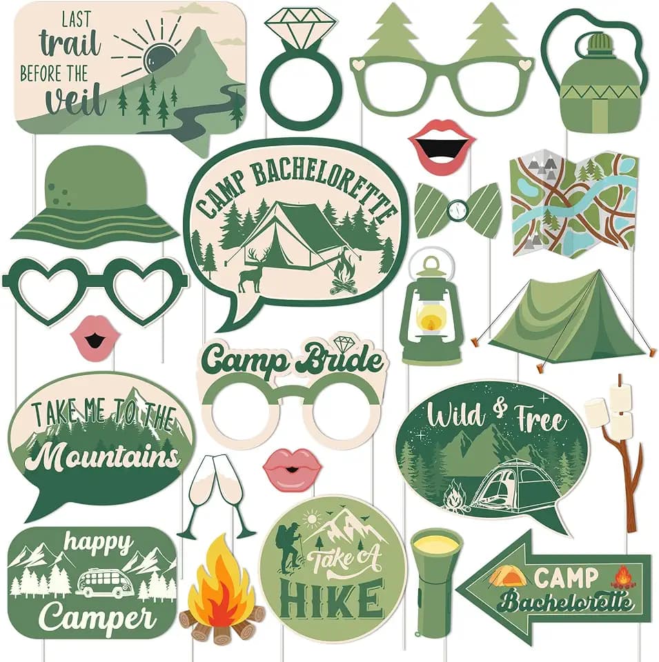 Camping Bachelorette Party Decoration 24PCS Camp Bachelorette Photo Booth Props Cabin Glamping Mountain Lake Hiking Bachelorette Party Favor for Bridal Shower Wedding Engagement Party Decor