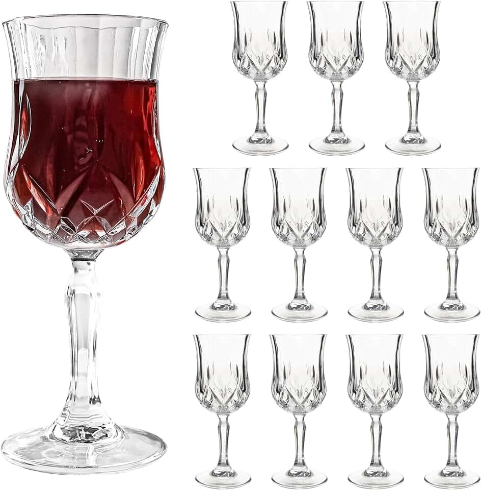 Wine Glasses Set of 12, 7 oz Elegant Goblets with Vintage Cut Design