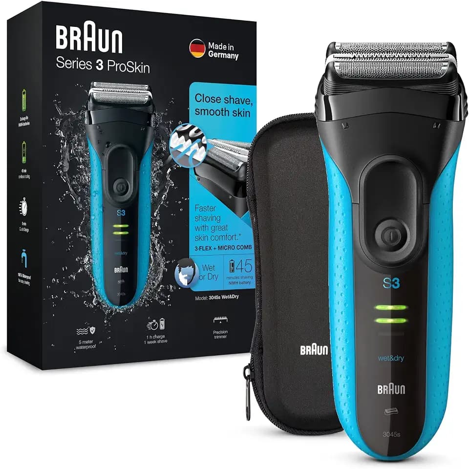Braun Series 3 ProSkin Elektrorasierer, Trimmer, Rasierer Herren Elektrisch, mit Reise-Etui, Geschenk Mann, Wet&Dry, Made in Germany, 3045s, schwarz/blau