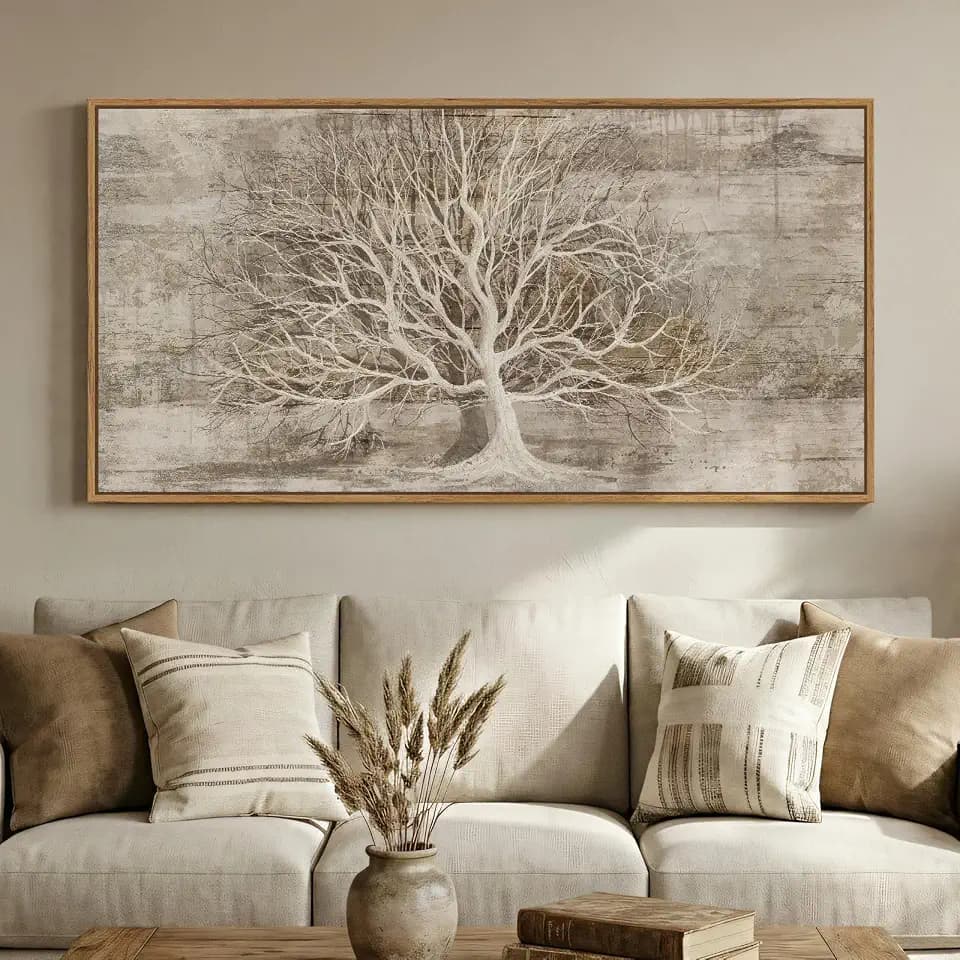 Large Framed Neutral Tree of Life Wall Art for Living Room, 60x30 In