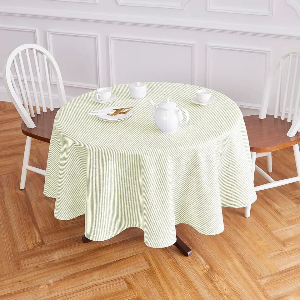 Solino Home 100% Pure Linen Round Tablecloth, 70 in, Sage and White Striped