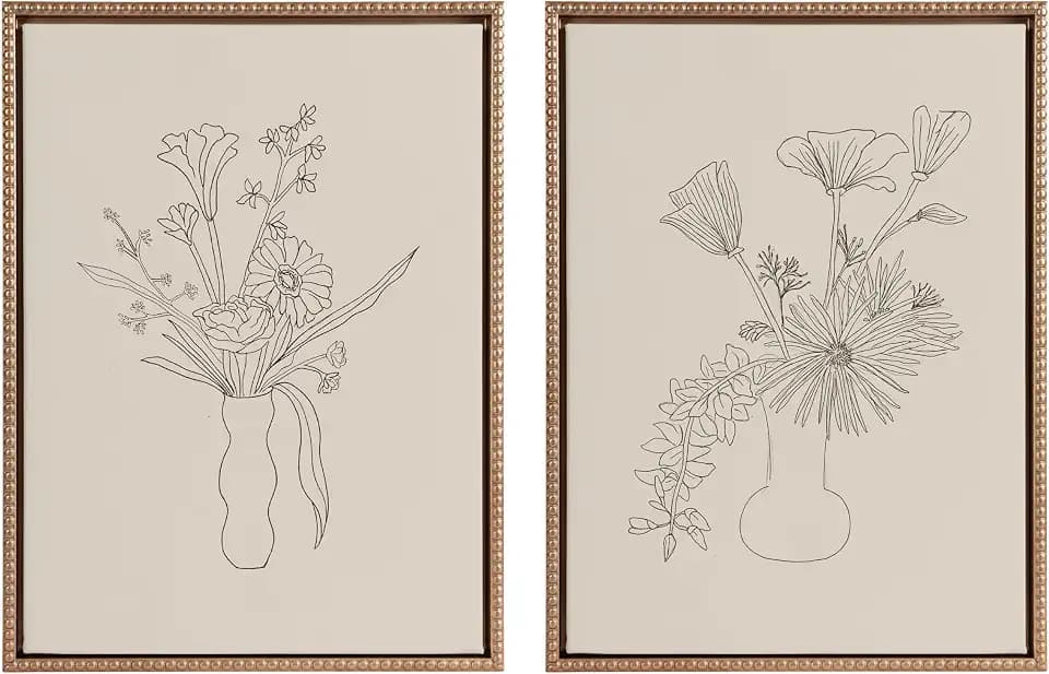 Kate and Laurel Sylvie Beaded Floral Study 1 and Floral Study 2 Vintage Framed Canvas Wall Art Set by Kate Aurelia Holloway, 2 Piece Set 18x24 Gold, Botanical Bouquet Sketch Art for Wall