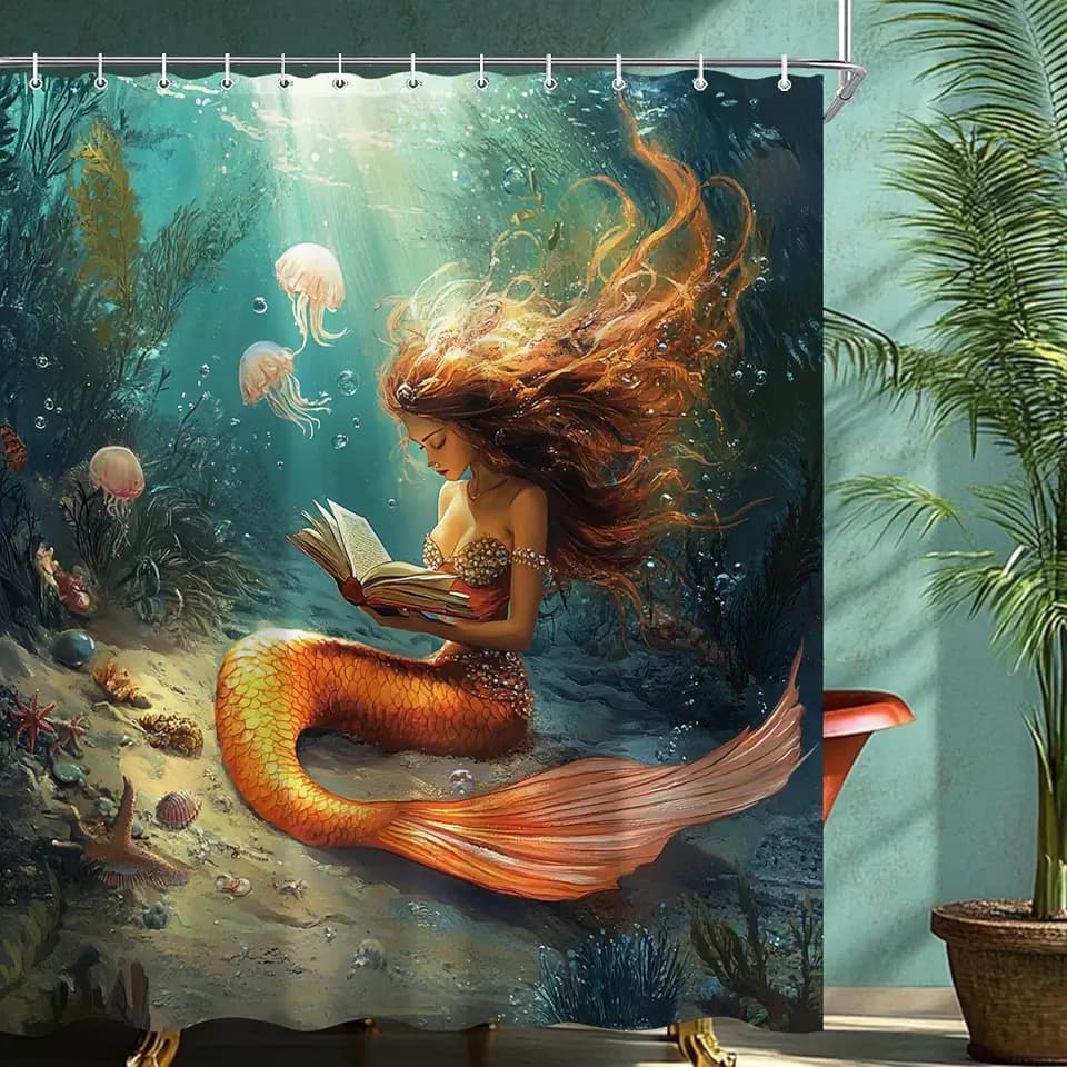 Mermaid Ocean Shower Curtain Sets for Bathroom 60Wx72H Vintage Retro Teal Sea Shower Curtain Jellyfish Vintage Polyester Bathtub Curtain Seaweed Aesthetic Bathroom Decor with 12 Hooks