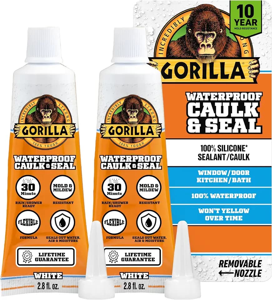 Gorilla 100% Silicone Caulk, Waterproof Sealant, 2.8oz Squeeze Tube, 2-Pack