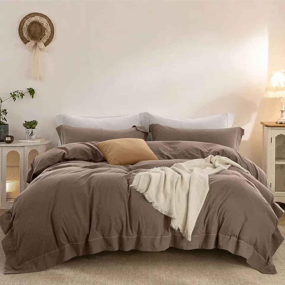 Duvet Cover Set Washed Cotton Embroidered Hem Queen 3‑Pcs