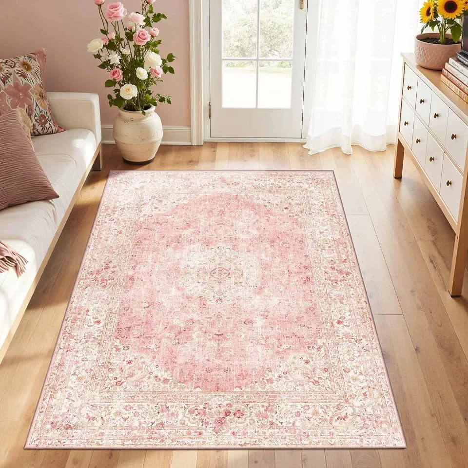 3x5 Entryway Pink Area Rugs, Vintage Floral Washable Rugs