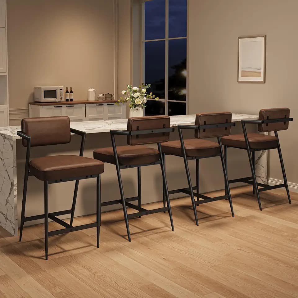 Garvee Bar Stools Set of 4 w/Arms & Footrest, Upholstered Bar Stools with Backrest & Thickened Metal Legs, Counter Height Bar Stools with Thick Cushion for Island, Counter Bar, Retro Brown