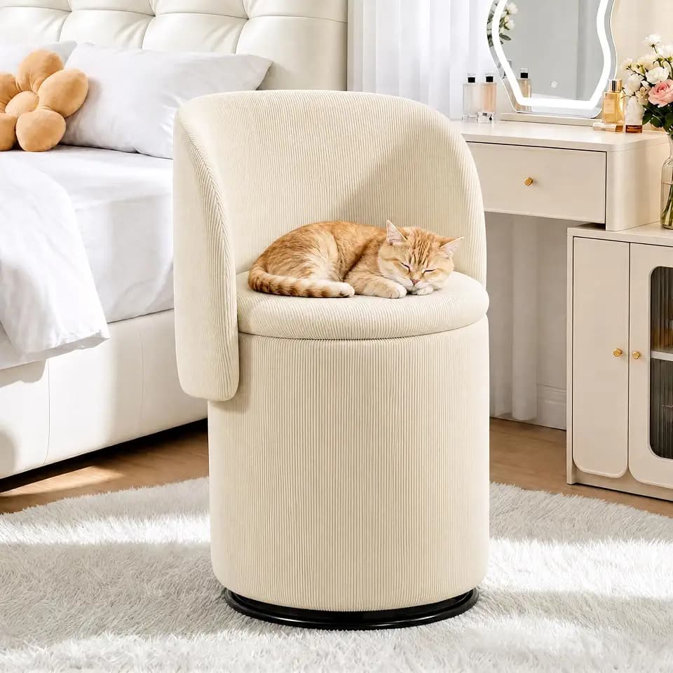Storage Ottoman Chair with 360 Degree Swivel Base, Upholstered Barrel Vanity Chair with Back and Matching Cat Bed Stool, Hidden Storage Makeup Stool for Bedroom, Dining Room, Beige Corduroy