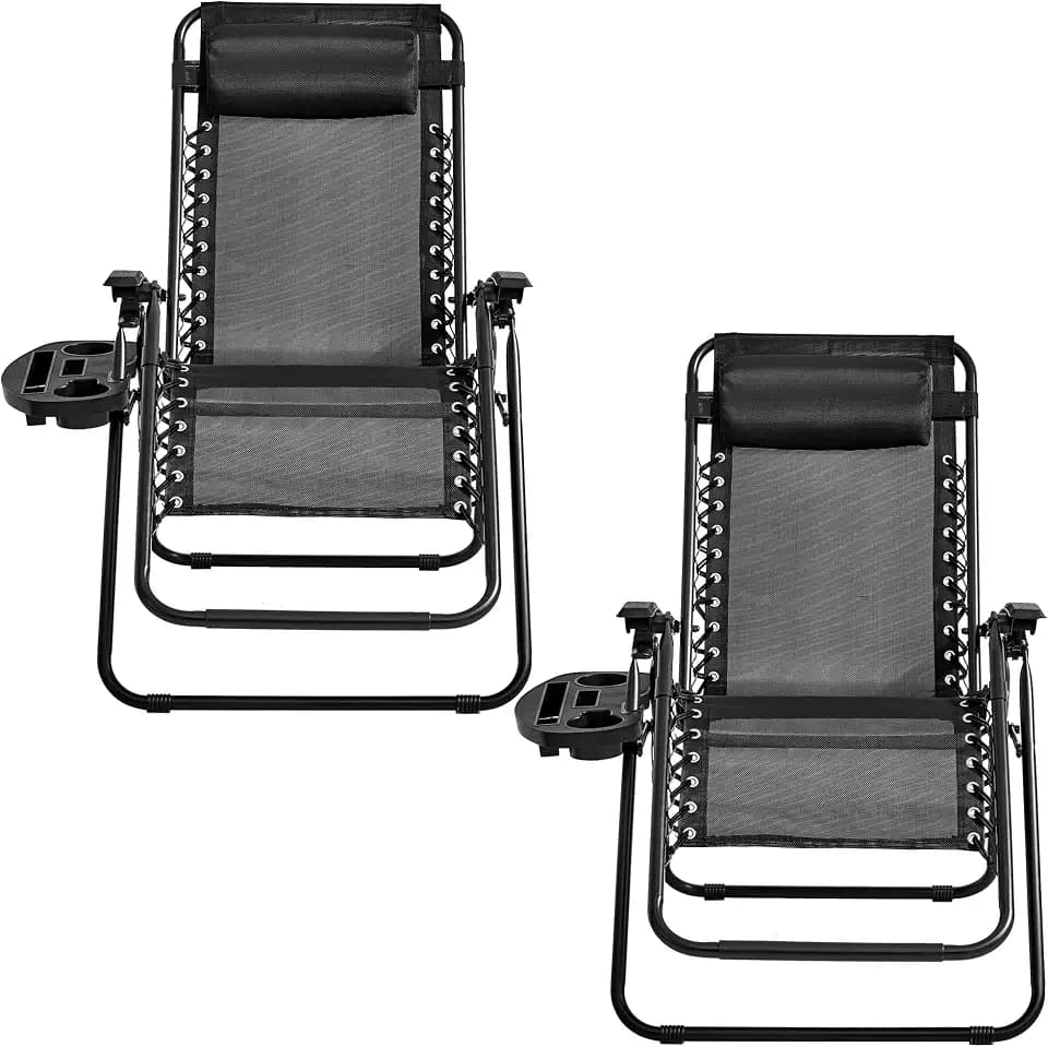 2-Pack Zero Gravity Lounge Chair, Adjustable Steel Mesh Recliner with Removable Headrest & Cup/Tablet Tray, Foldable Indoor Outdoor, 250LBS Capacity,Black